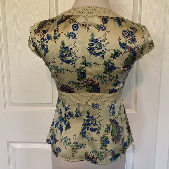 Nanette Lepore 100% Silk Blouse and Cardigan Set Light Green Peacocks 4 S Rare - Picture 4 of 12